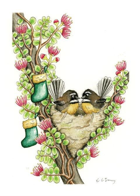 Xmas Card Fantails in Nest