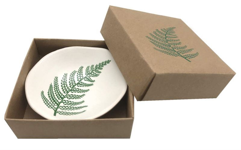 Silver Fern I, Green Fern on White  7cm Porcelain Bowl