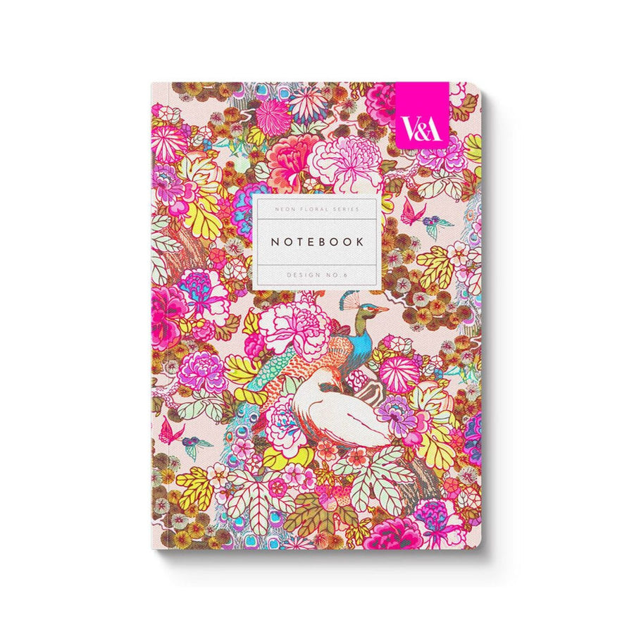 V & A A5 Neon Floral Peacock Notebook